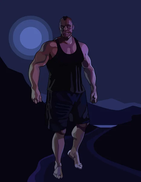 漫画巨大なひどい筋肉男の月明かりに照らされた夜のウォーキング — ストックベクタ