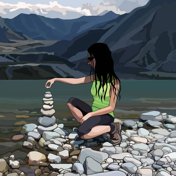 Mujer de dibujos animados crea una pirámide de piedras en la orilla del río — Vector de stock