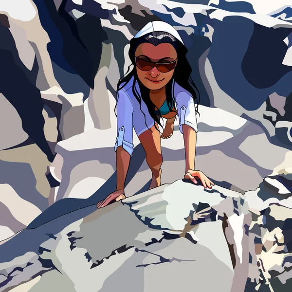 Mujer de dibujos animados en gafas de sol escalando montañas en piedras — Vector de stock