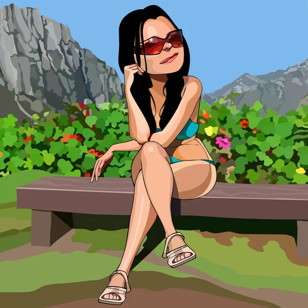 花のある公園のベンチに座っている漫画女性 — ストックベクタ