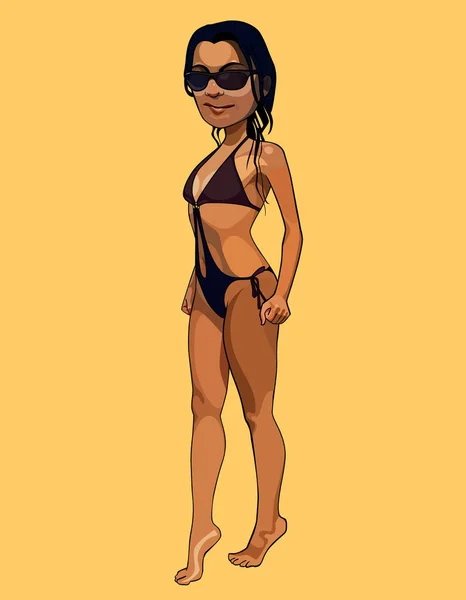 Cartone animato bella donna abbronzata in costume da bagno e occhiali da sole — Vettoriale Stock
