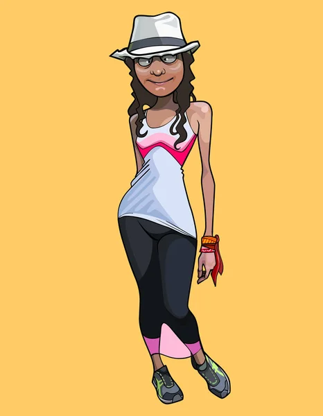 Mujer divertida de dibujos animados en ropa de verano de moda y sombrero — Vector de stock