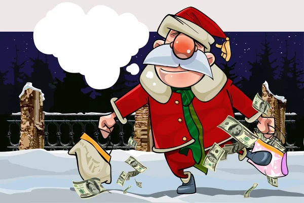 Dessin animé santa claus avec une réplique et avec des sacs pleins d'argent sur une nuit d'hiver — Image vectorielle