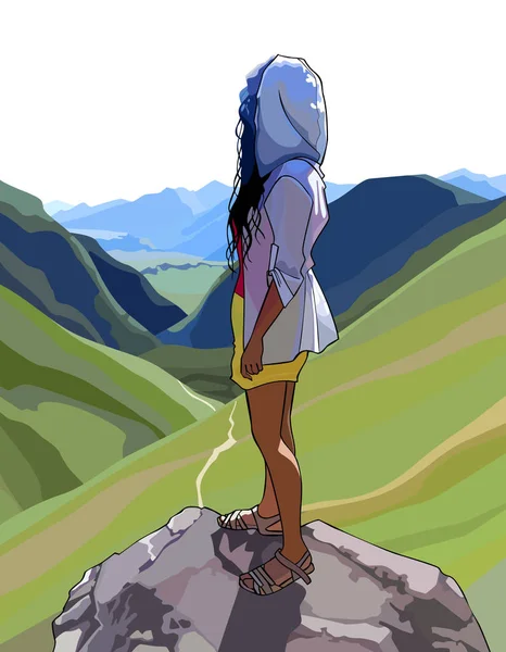 Mujer se para en una roca y mira a un valle de montaña — Vector de stock