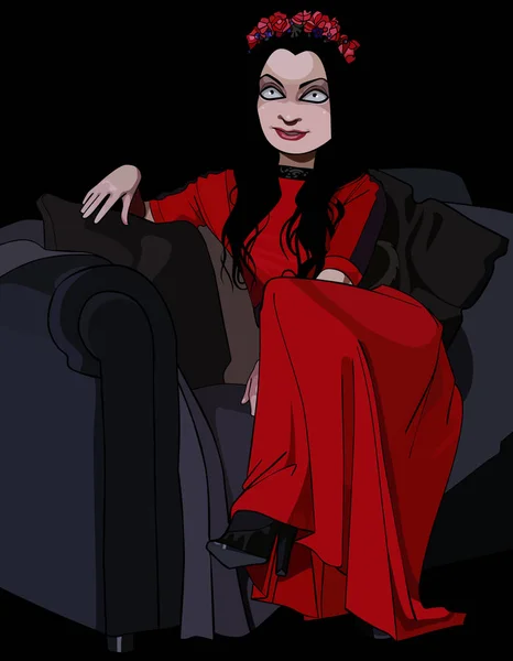 Kartun wanita cantik dengan gaun merah duduk di kursi - Stok Vektor