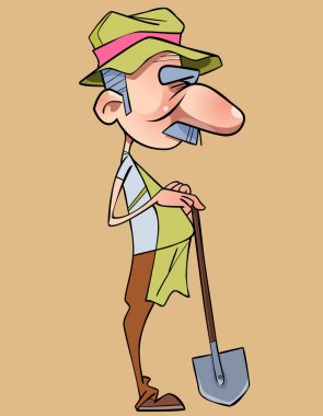 karikatür komik uzun burunlu adam bahçıvan bir kürek ile