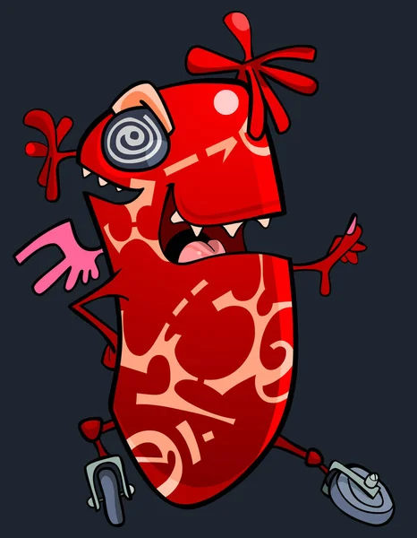 Dibujos animados divertido personaje de fantasía criatura roja sobre ruedas — Vector de stock