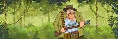cartoon man hunter with a gun walking through the forest clipart