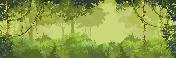 Fondo de dibujos animados verde frondoso bosque con lianas — Vector de stock