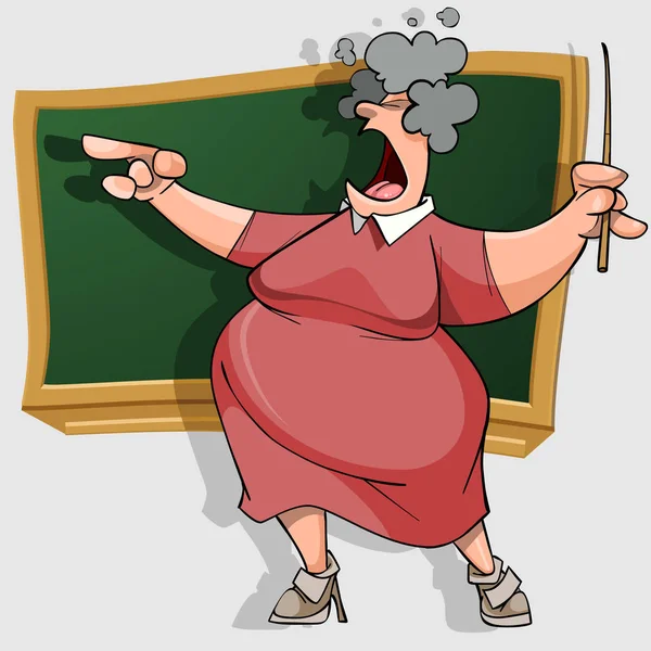 Cartoon woman teacher talking while standing near school board — Stock Vector