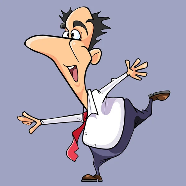 Cartoon šťastný muž v kravatě stojí v pozici vlaštovka — Stockový vektor