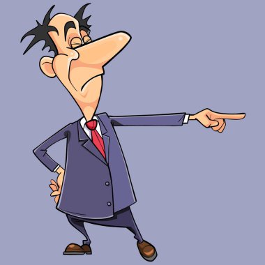 Bir kravat ile elbiseli karikatür küstah adam parmağıyla işaret
