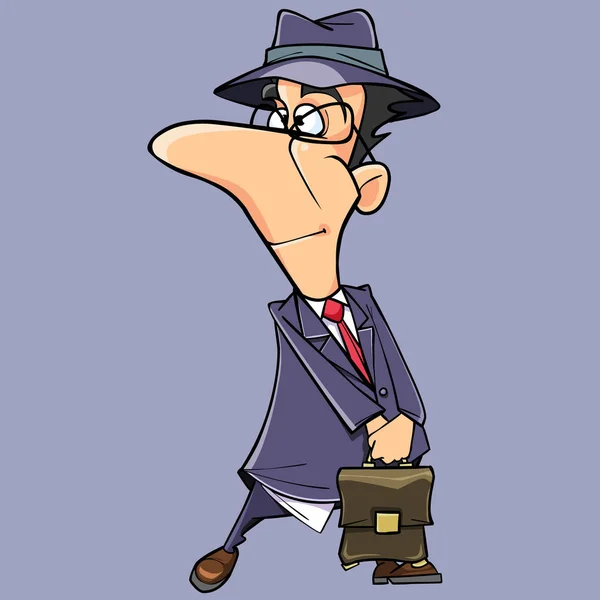 Γελοιογραφία αστείος άνθρωπος στο κοστούμι και καπέλο με χαρτοφύλακα στο χέρι — Διανυσματικό Αρχείο