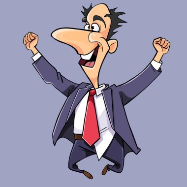 çizgi film adam bir takım elbise ve kravat atladı yukarı ve sevinir