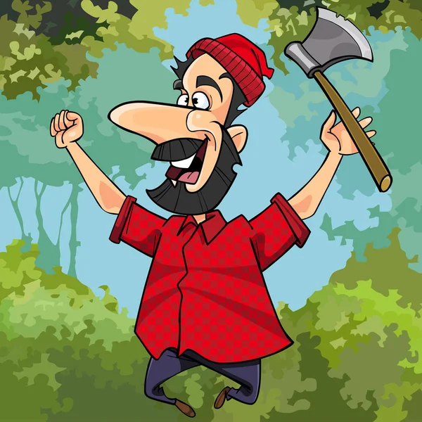 Desenho animado lenhador com machado saltando alegremente na floresta — Vetor de Stock