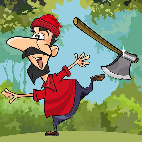 Grappige cartoon-houthakker bijl gooien in het bos — Stockvector