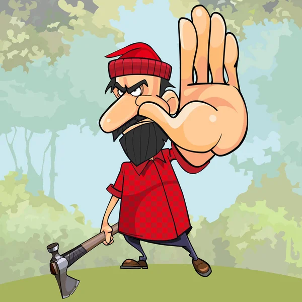 Caricatura woodsman irritado com um machado na floresta pára à mão — Vetor de Stock