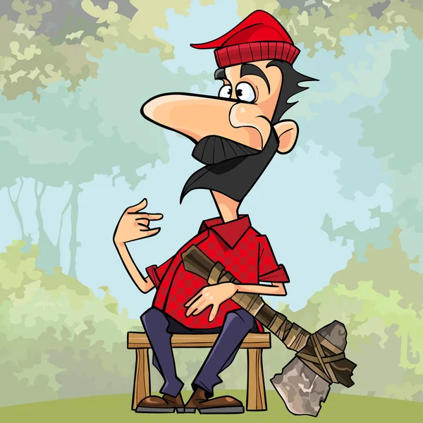 Bir taş ile karikatür oduncu balta ormanda bir bankta oturmuş — Stok Vektör