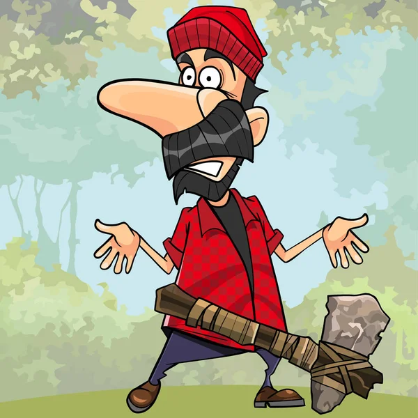Cartoon chockad skogshuggare med en sten yxa i skogen — Stock vektor
