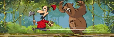çizgi film oduncu balta ile kızgın bir ayı uzakta çalışıyor
