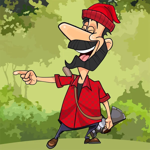 Cartoon skogshuggaren i skogen skratta riktigt pekar på sidan — Stock vektor