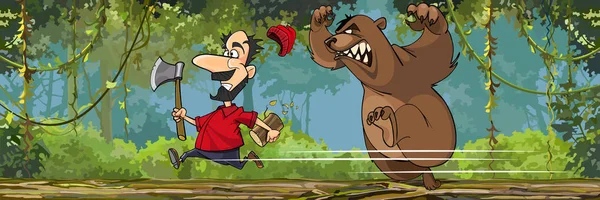 çizgi film oduncu balta ile kızgın bir ayı uzakta çalışıyor