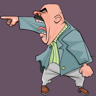 cartoon of an aggressive bald man in a suit yells menacingly clipart