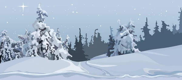 Cartoni animati grigio inverno foresta di alberi innevati nella neve — Vettoriale Stock