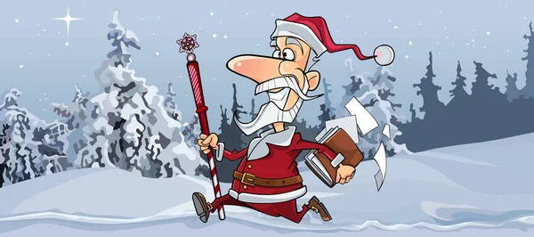 즐거운 산타 클로스 겨울 숲을 통해 신속 하 게 실행 하는 만화 — 스톡 벡터