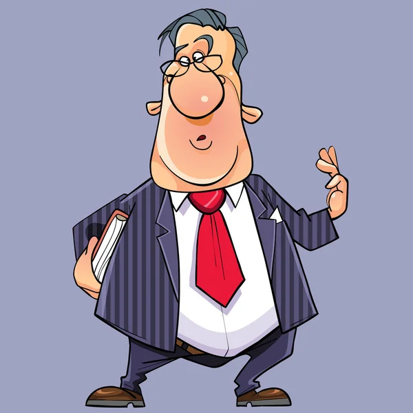 Cartoon sprechender lustiger Mann im Anzug mit Krawatte und Buch — Stockvektor