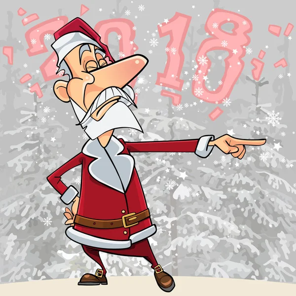 Dessin animé arrogant Père Noël pointant le doigt dans les bois 2018 — Image vectorielle