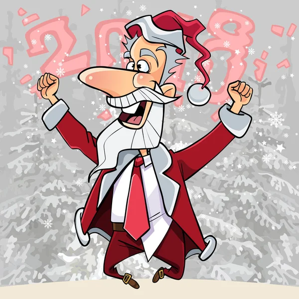 Cartoon happy Santa Claus hoppade upp och jublar i skogen 2018 — Stock vektor