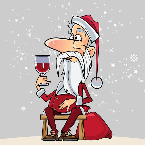 Мультфільм Санта-Клауса, сидячи на лавці зі склянкою в руці — стоковий вектор