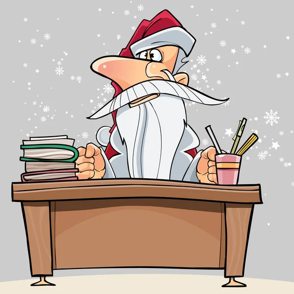 Desenho animado Papai Noel sentado atrás de uma mesa com livros —  Vetores de Stock