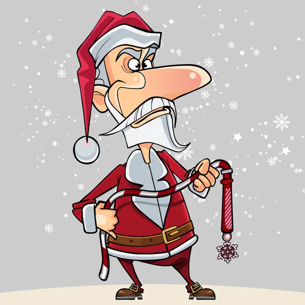Desenho animado com raiva Papai Noel segurando um chicote — Vetor de Stock