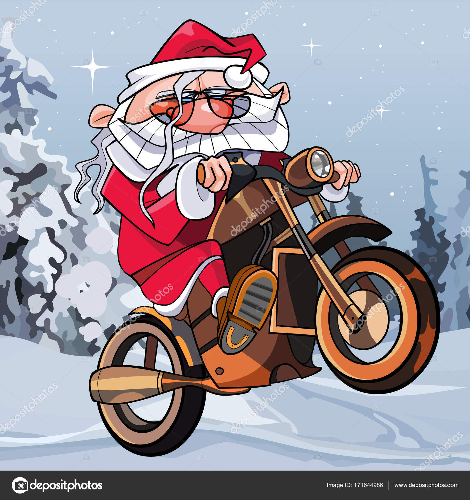 Dessin Anime Drole Pere Noel Sur Une Moto Dans Les Bois Image Vectorielle Par Westamult C Illustration