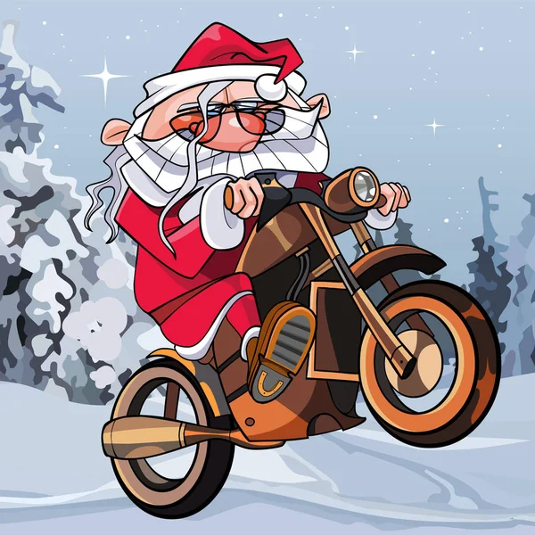 숲에서 오토바이에 재미 있는 산타 클로스 만화 — 스톡 벡터