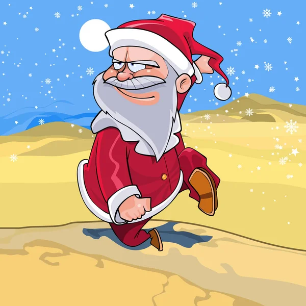 Dessin animé drôle Père Noël court à travers le désert — Image vectorielle