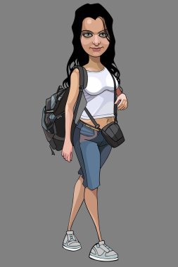 izole karikatür kadın turist bir sırt çantası ile