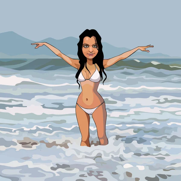 Femme dessin animé en maillot de bain blanc debout dans la mer — Image vectorielle