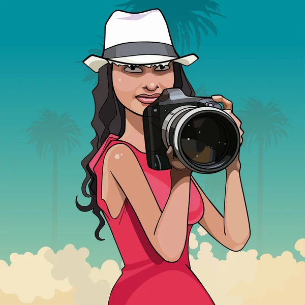 Cartoon woman in hat photographing big camera — Stock Vector