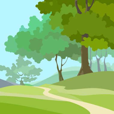 yeşil ağaçlar ve yol çizgi film yaz arka plan