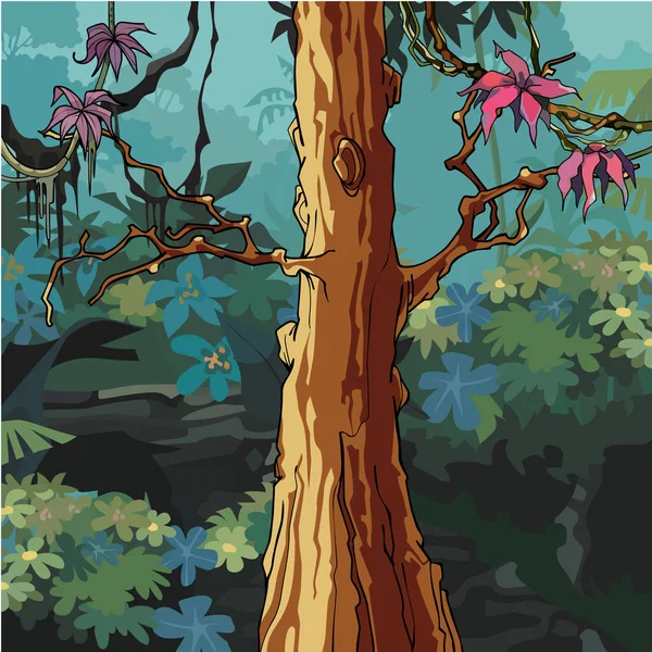 Foresta dei cartoni animati con grande albero con foglie rosa — Vettoriale Stock