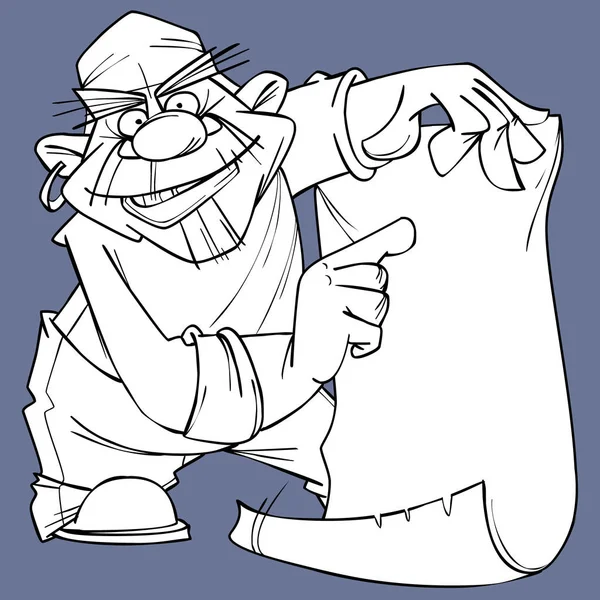 Sketsa dari bajak laut kartun yang menunjuk kartu kosong - Stok Vektor