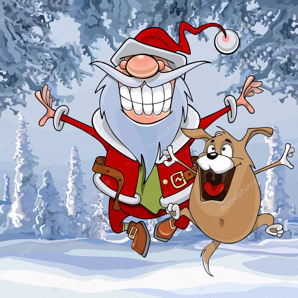 cartoon Santa Claus happily bounces along with a dog in winter forest