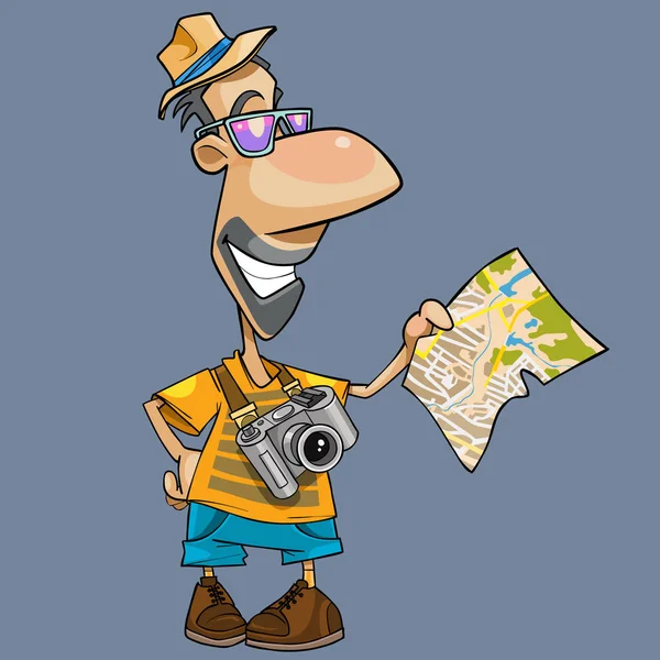 Cartone animato di un turista sorridente con una macchina fotografica che guarda la mappa — Vettoriale Stock