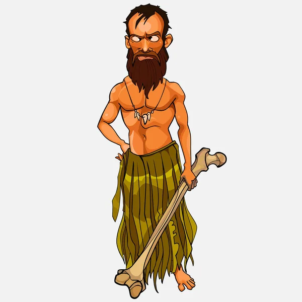 Dibujos animados salvaje masculino Islander con un gran hueso en la mano — Vector de stock