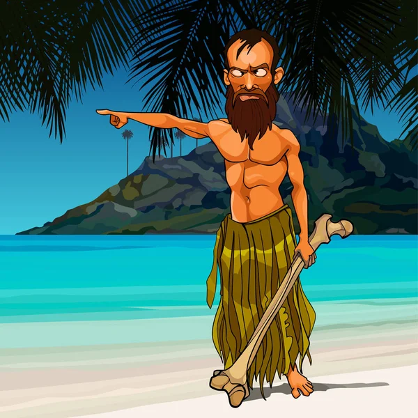 Dibujos animados salvaje hombre enojado que vive en una isla desierta — Vector de stock