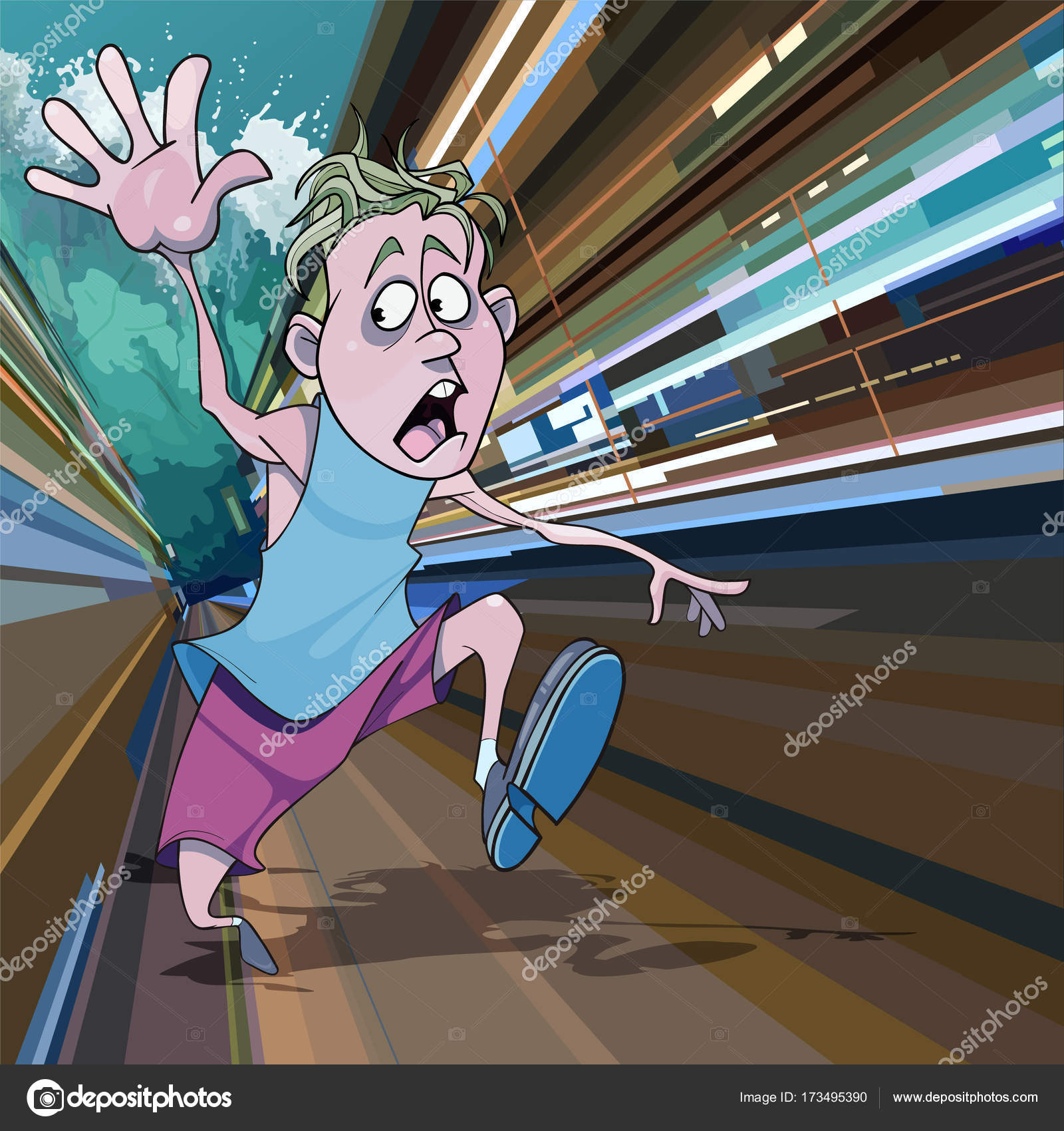 巨大津波の恐怖に逃げる漫画男 ストックベクター ©Westamult 173495390, image size:963x1024