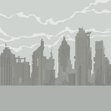 karikatür gri sis içinde harap gökdelenler kenti